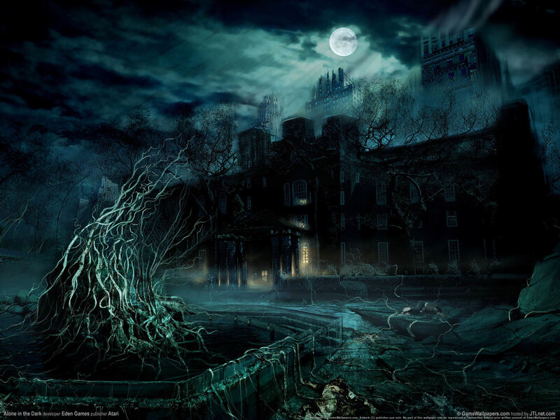 Dark mansion under moonlight