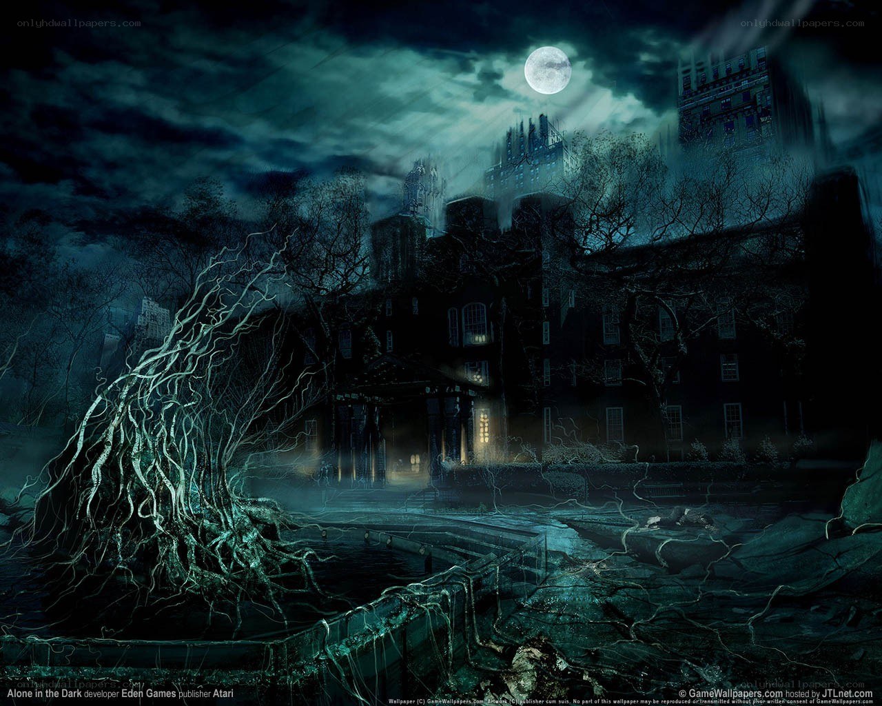 Dark mansion under moonlight
