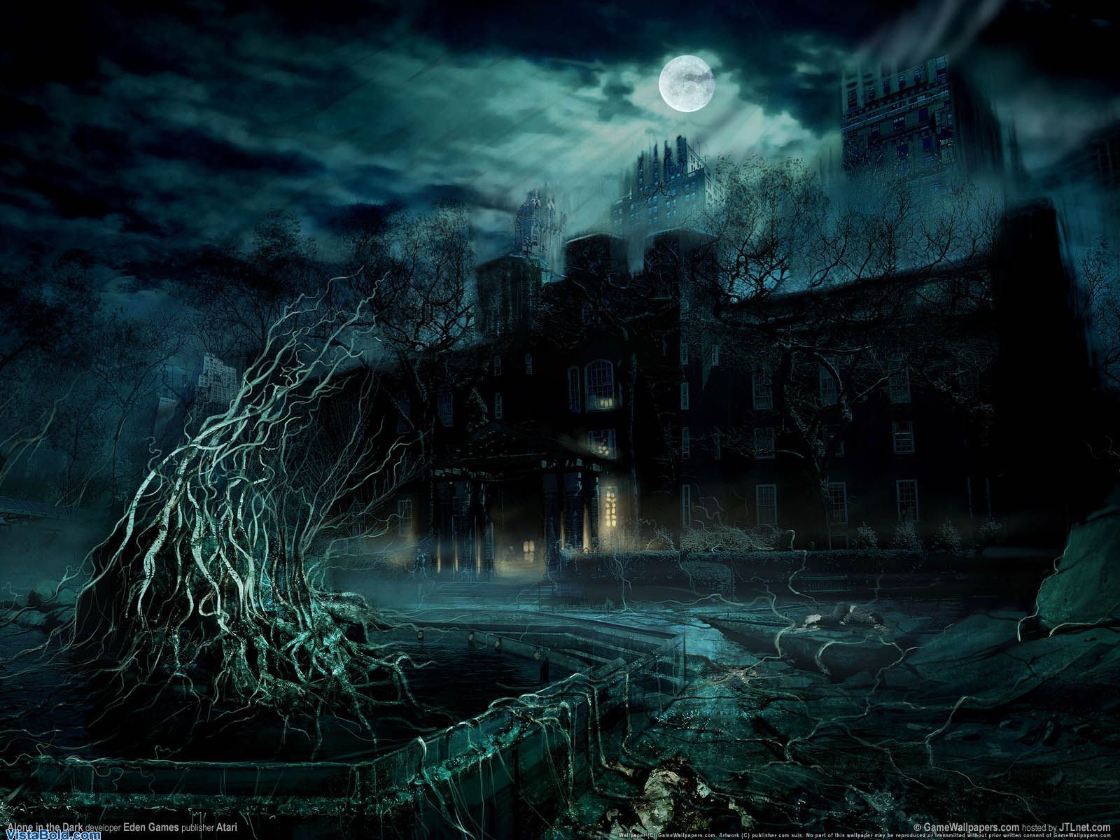 Dark mansion under moonlight