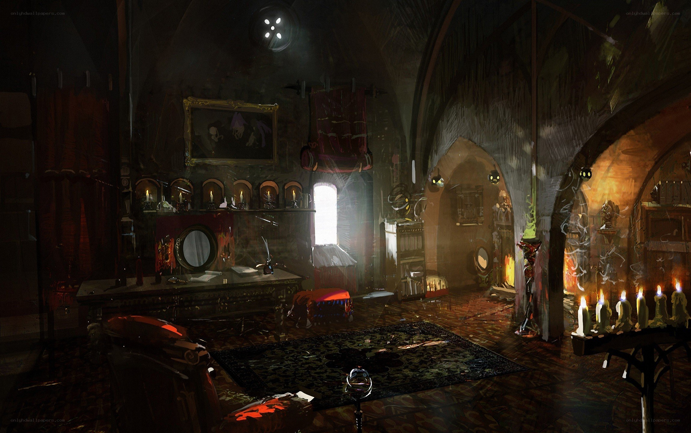 dark medieval study room