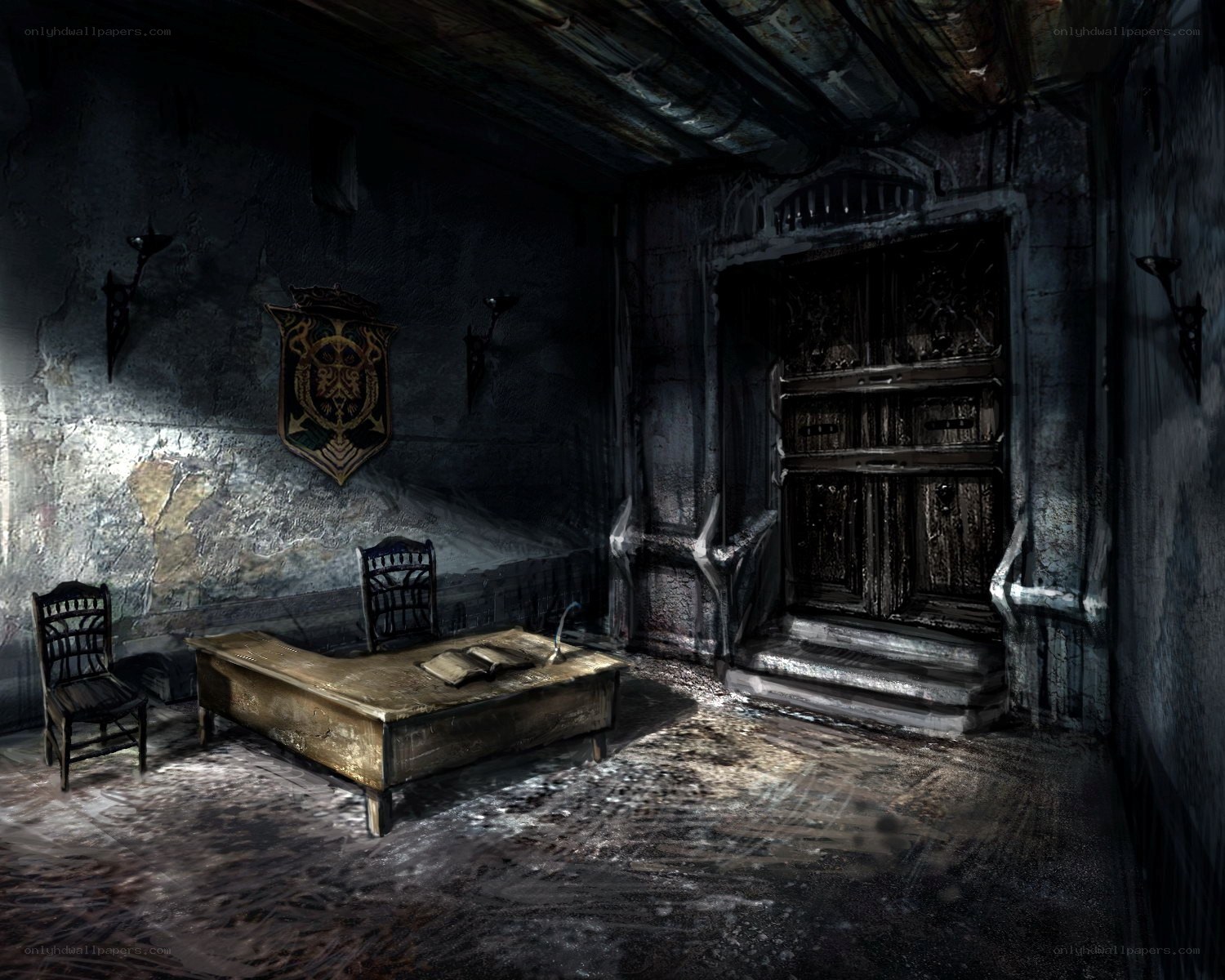 dark medieval study room