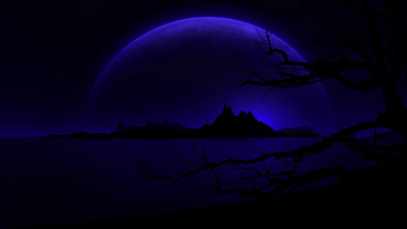 Dark moon over alien landscape