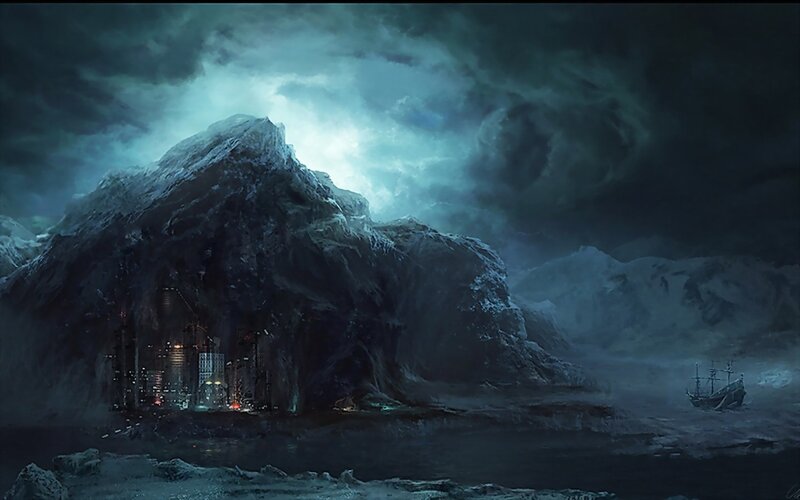 Dark mountain city at sea