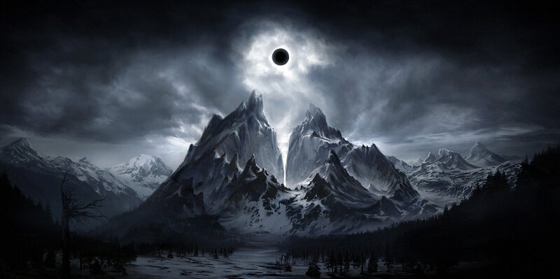 Dark mountain landscape with eclipse