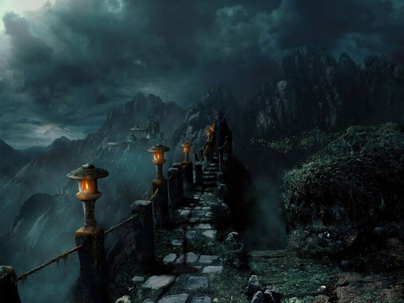Dark mountain path to castle