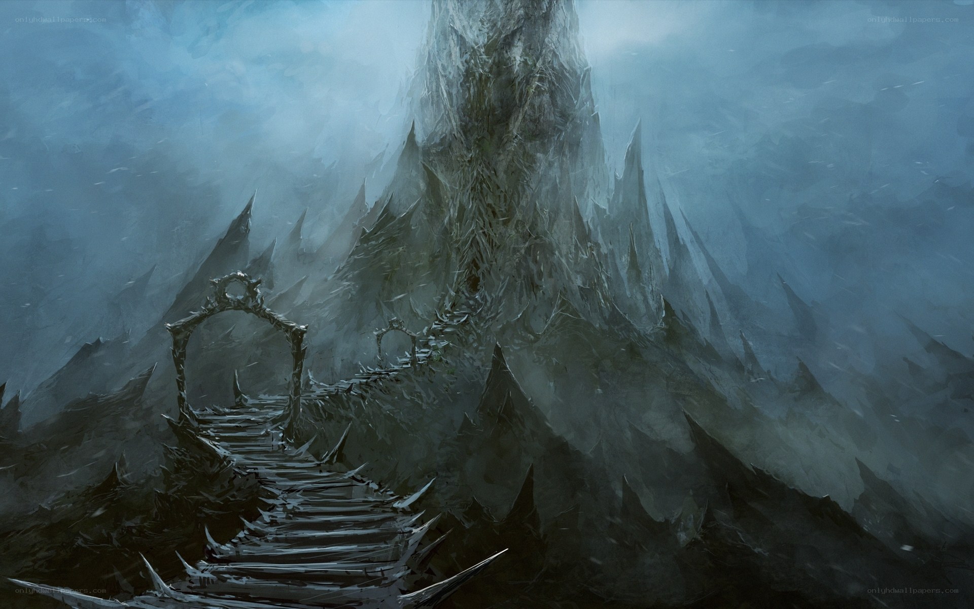 Dark mountain path with arches
