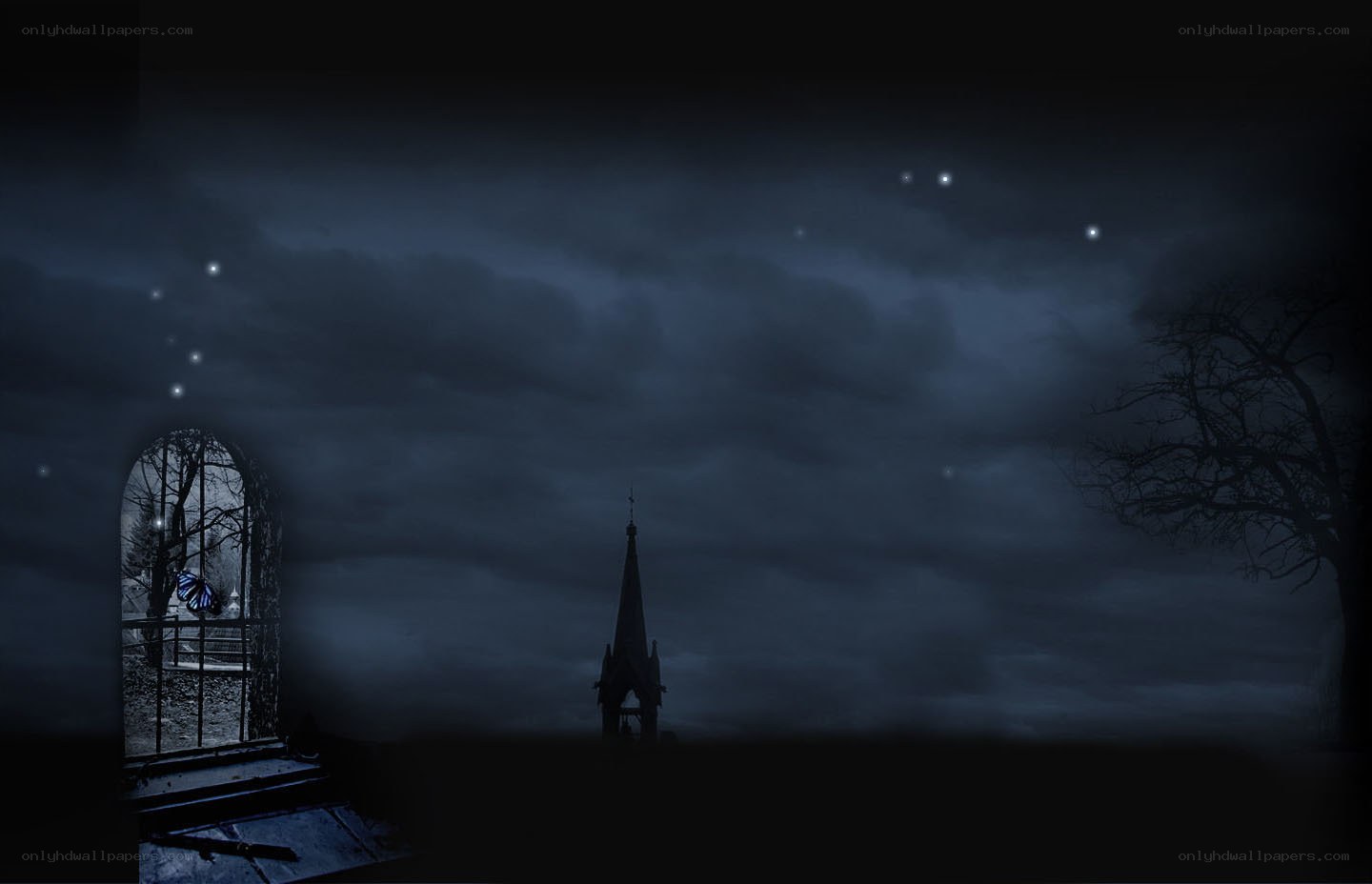 dark night with church steeple