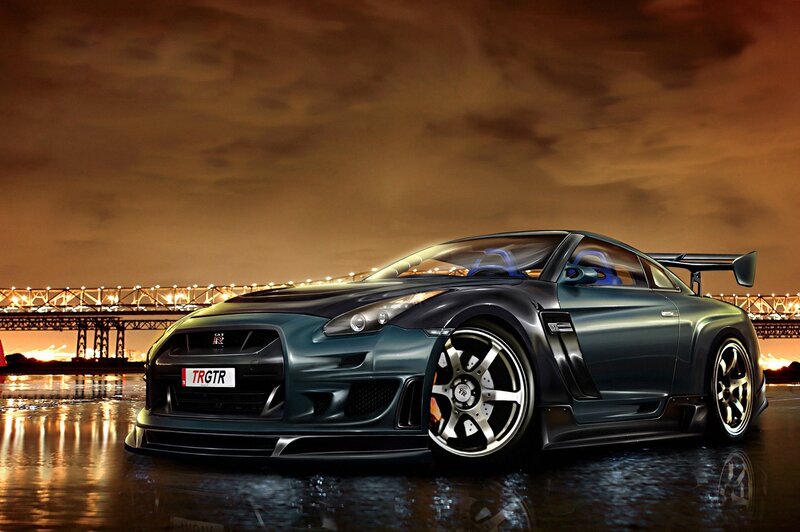 Dark Nissan GT-R on wet pavement