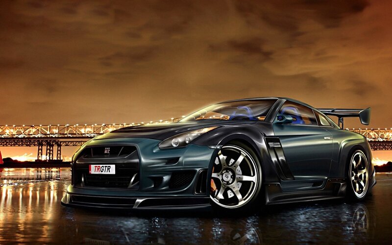 Dark Nissan GT-R on wet road