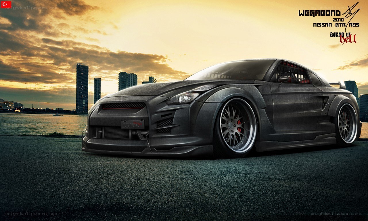 Dark Nissan GTR at sunset