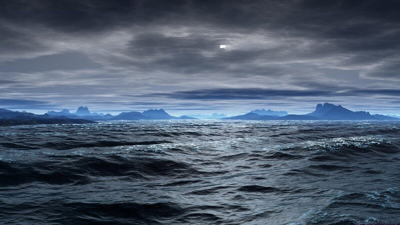 Dark ocean at night with moon