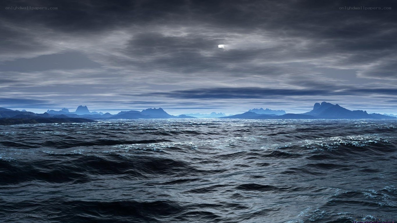 Dark ocean at night with moon
