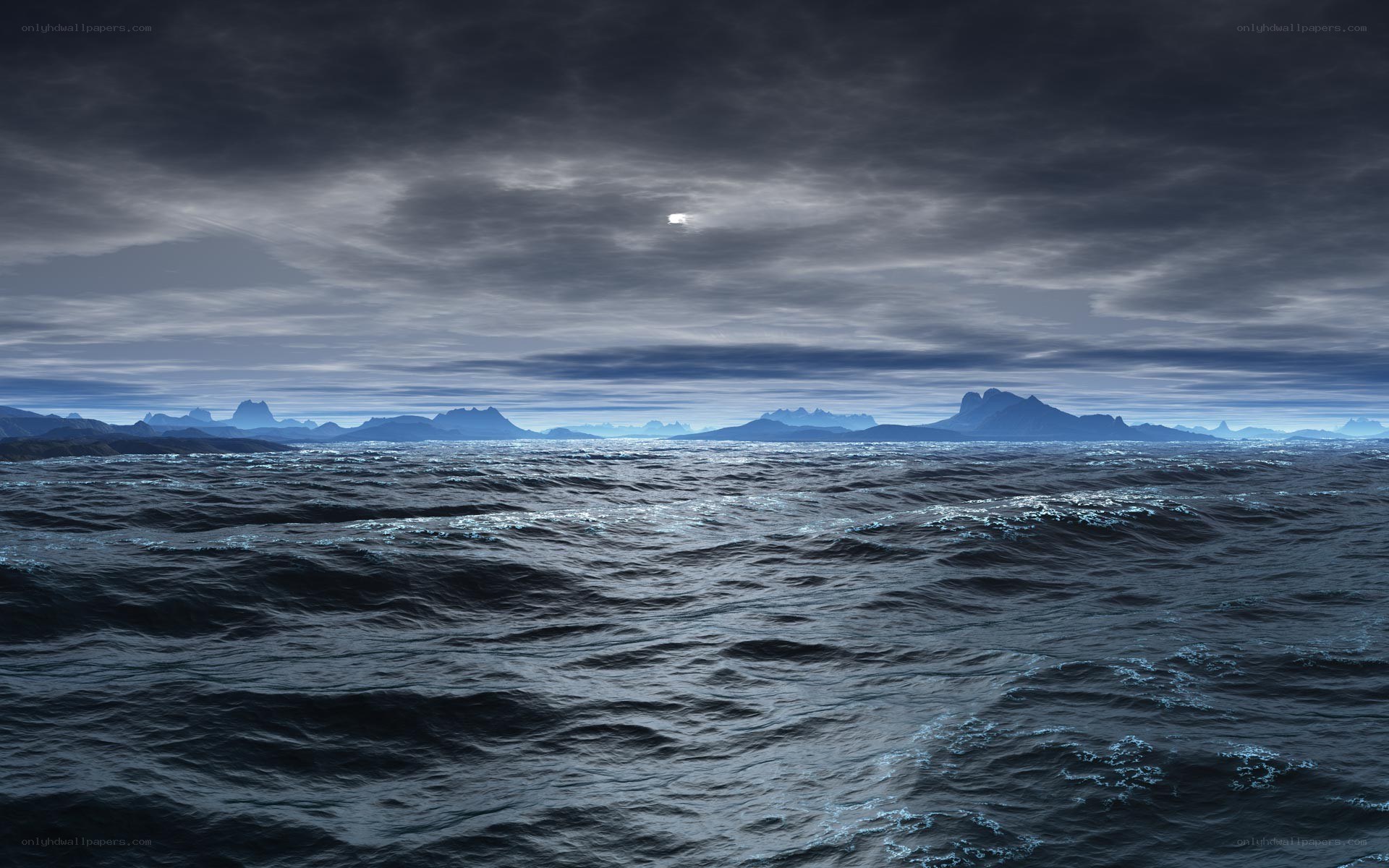 Dark ocean under cloudy sky