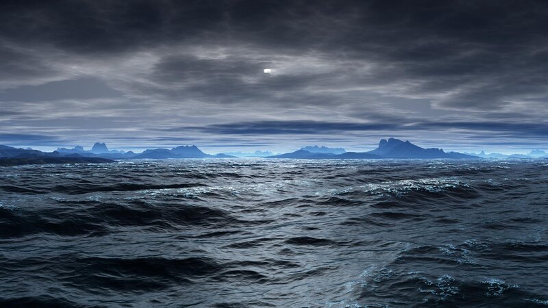 Dark Ocean with Distant Mountains — Blue