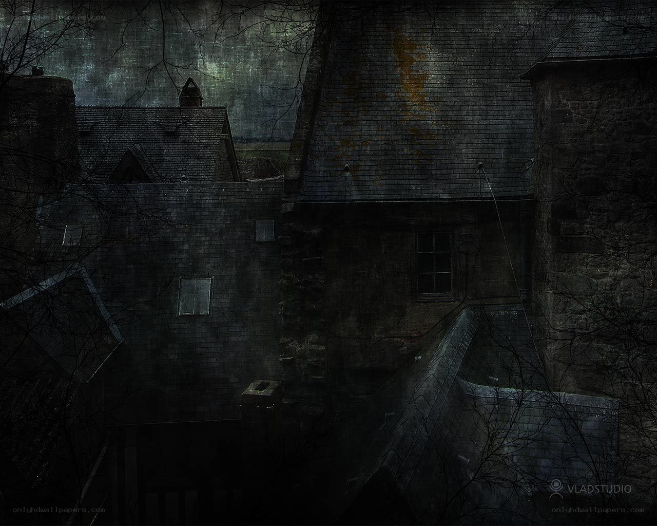 dark old buildings at night