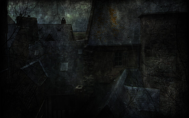 Dark old buildings at night