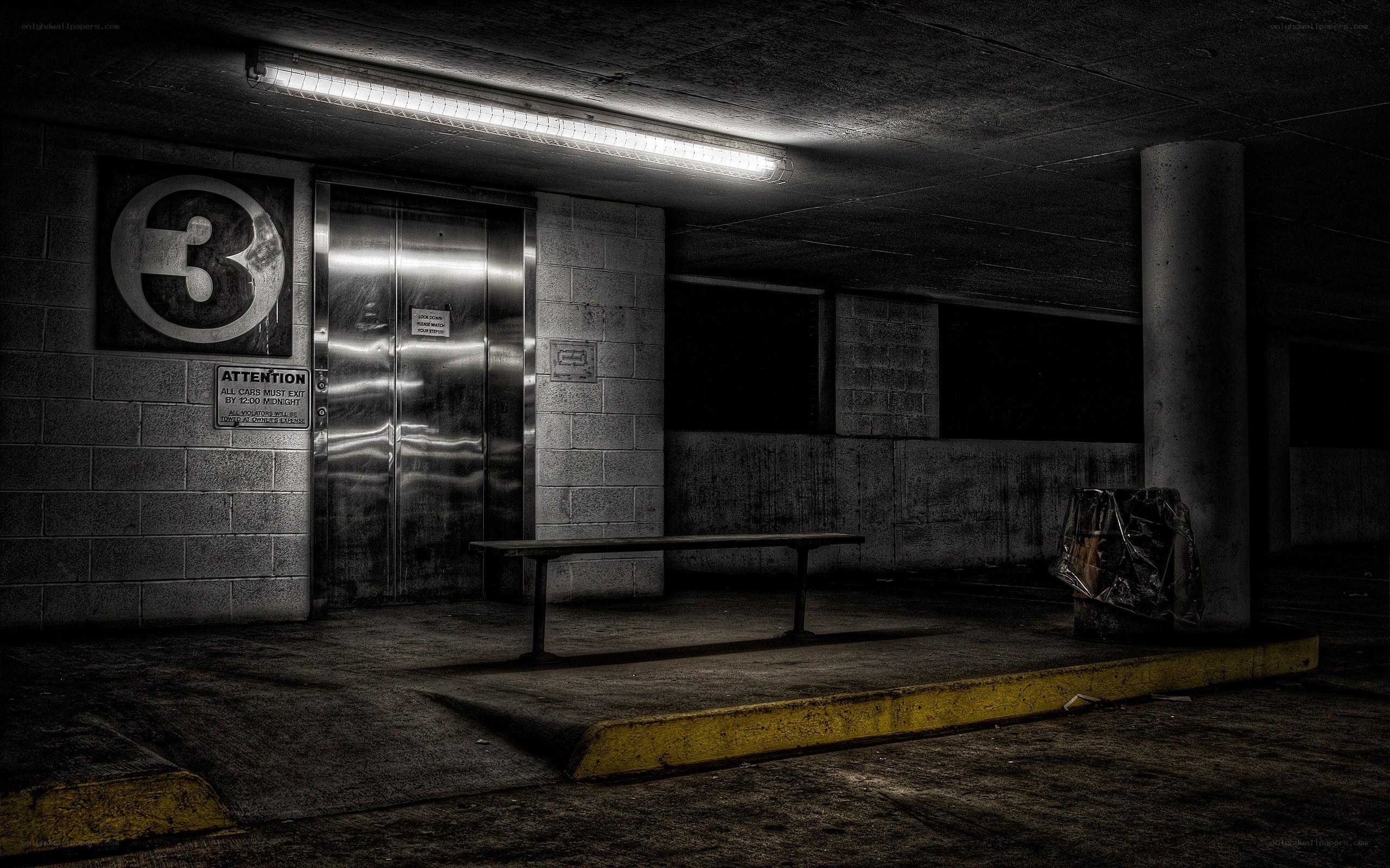 Dark parking garage interior