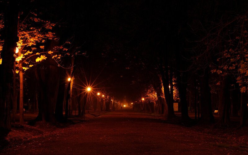 Dark path at night in a park
