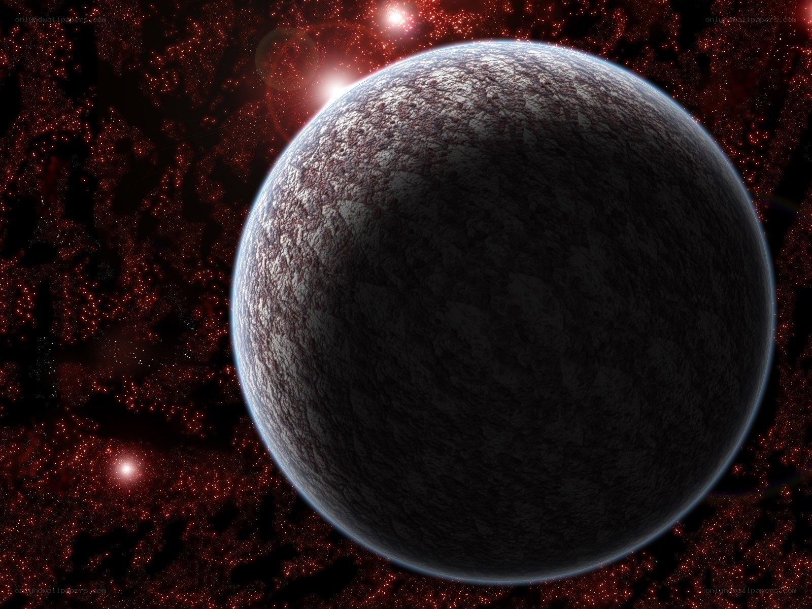 dark planet in red nebula