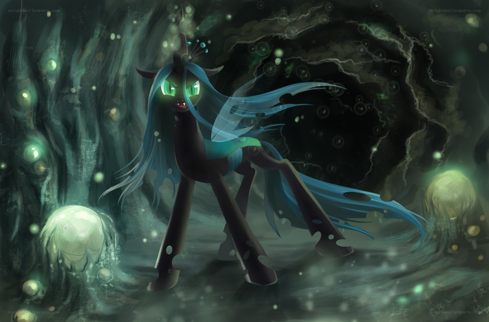 Dark pony in a glowing cave