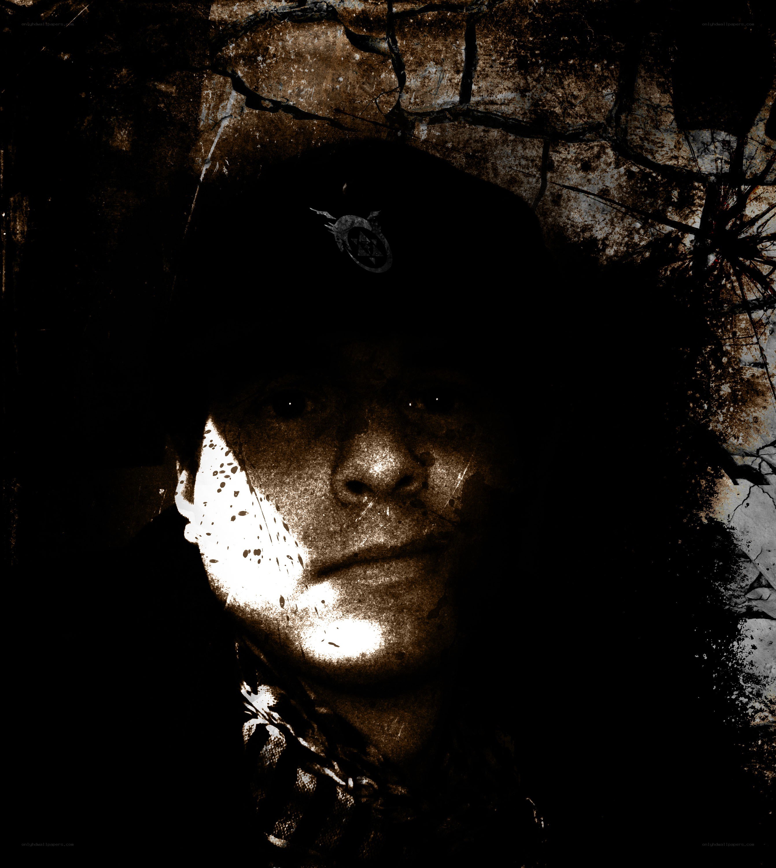 dark portrait with cracked wall