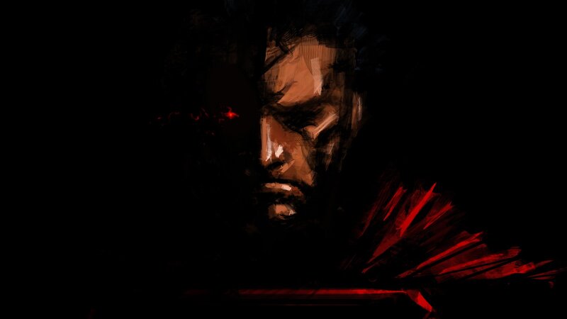 dark portrait with red accents