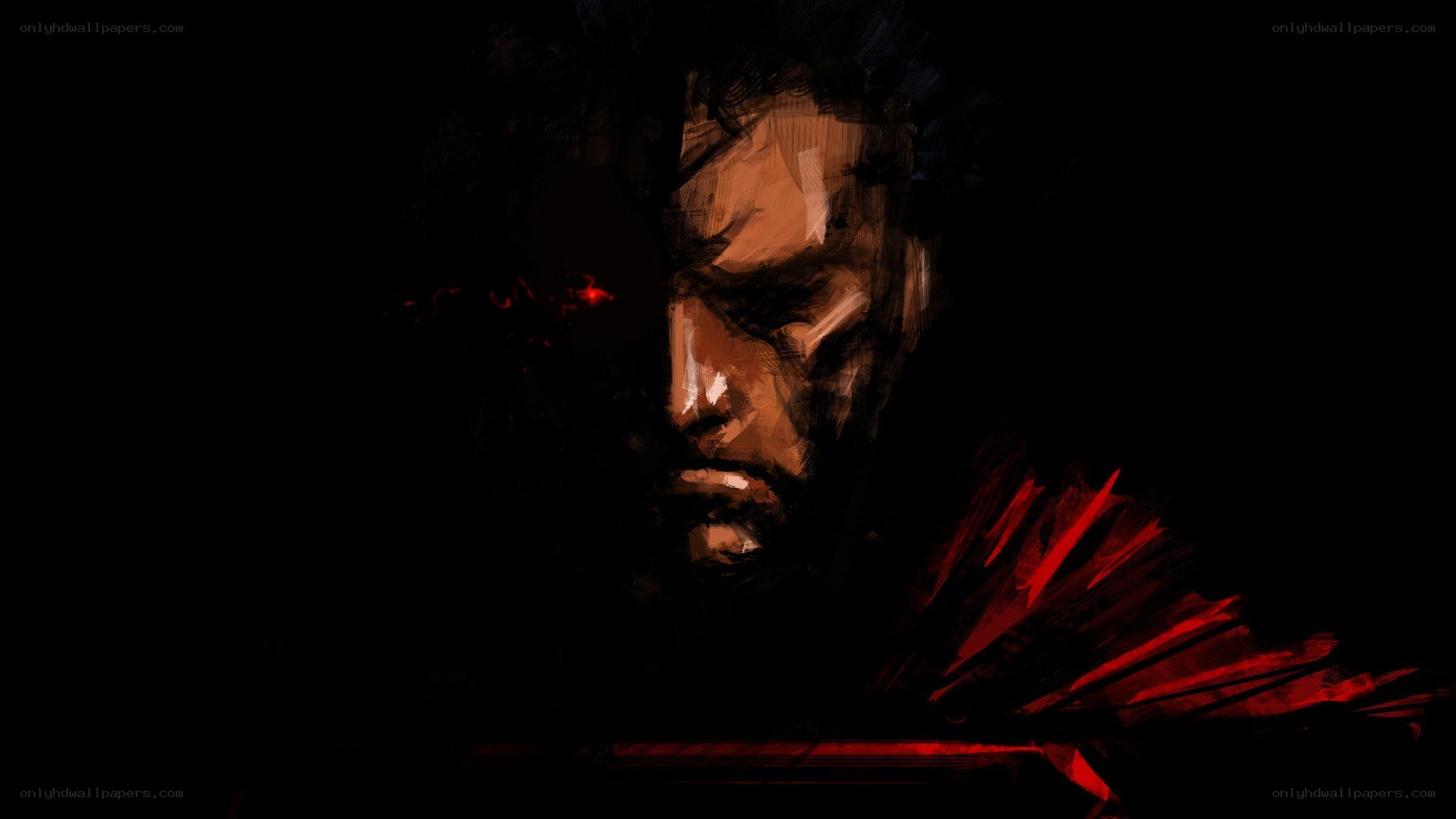 dark portrait with red accents