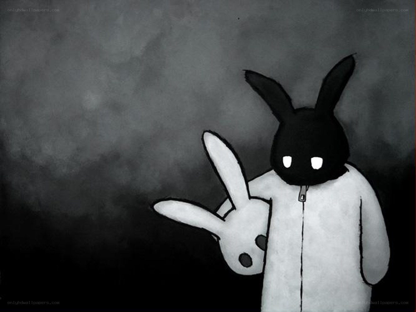 dark rabbit figure in white coat