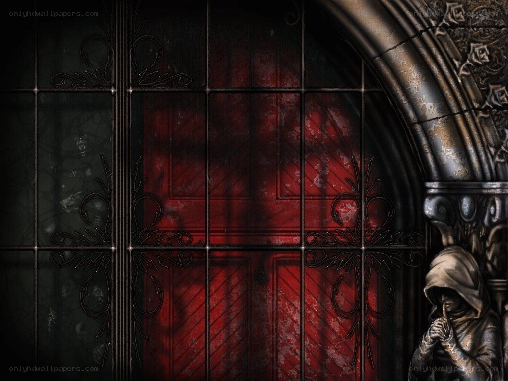 dark red door with statue