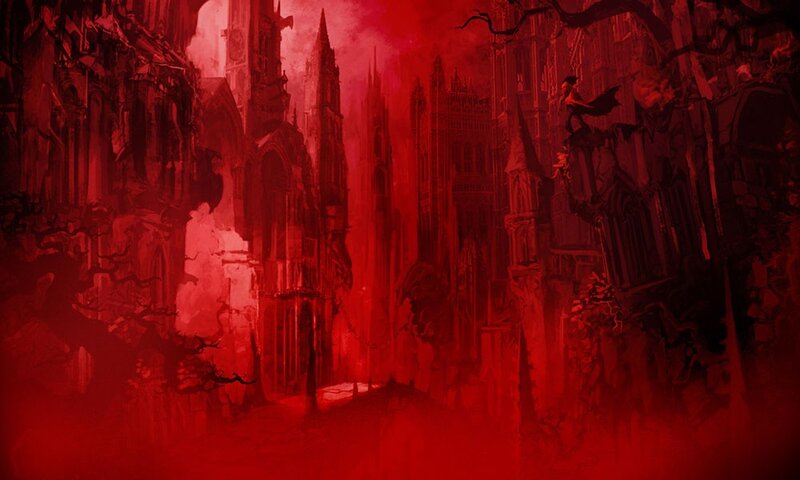 dark red gothic cityscape