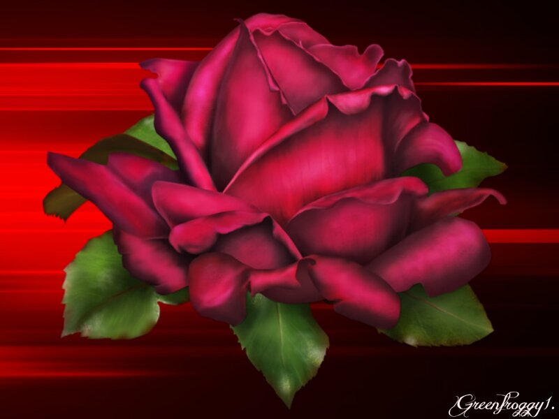 Dark Red Rose — Dramatic, Digital Art, Green Leaves