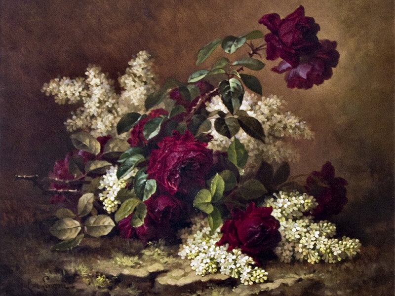 Dark Red Roses and Lilacs