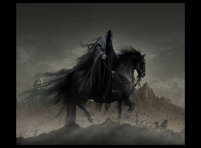 Dark rider on a black horse
