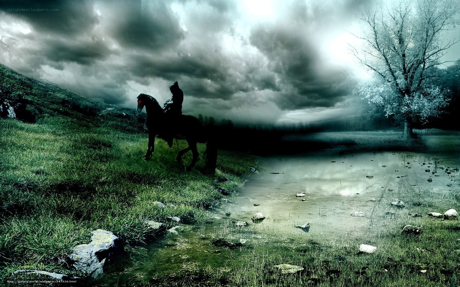 Dark rider on a stormy landscape