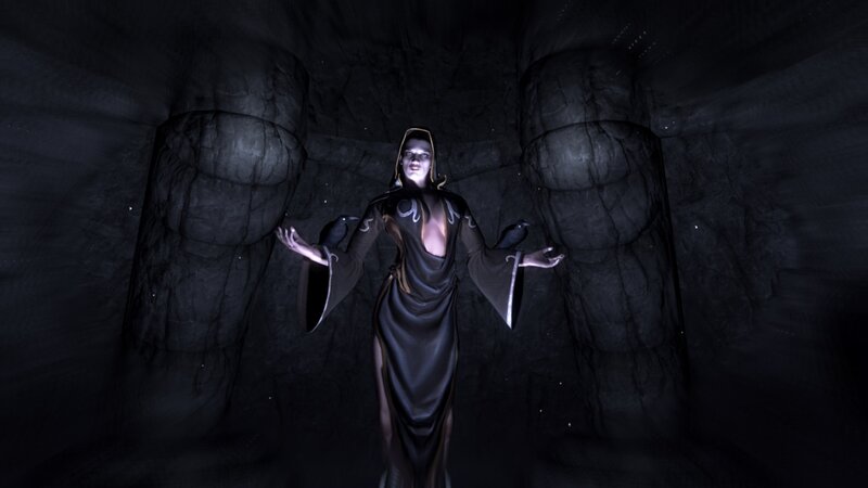 dark robed figure in cave