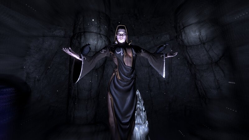 dark robed figure in cave