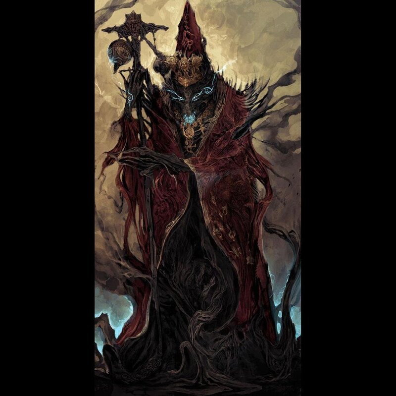 Dark Robed Figure with Staff — Red