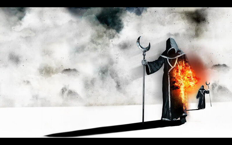Dark robed figures with staffs