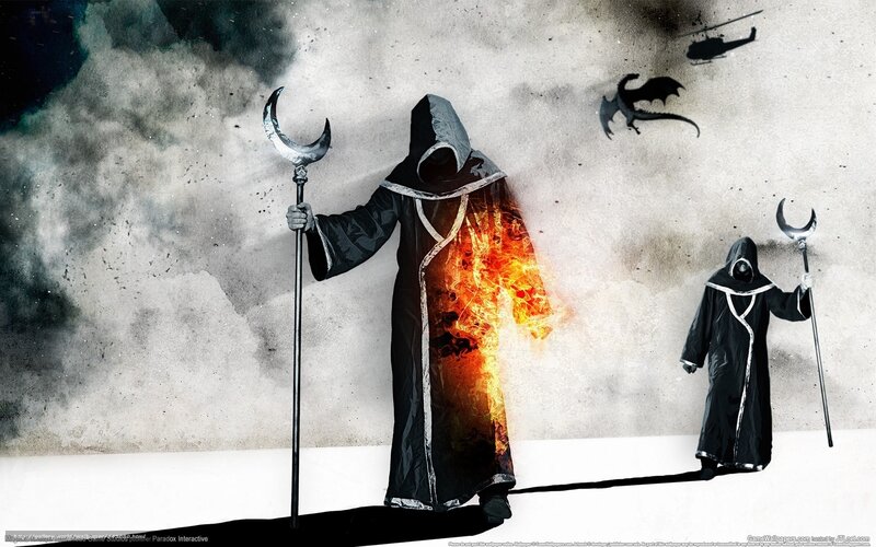 Dark robed figures with staffs