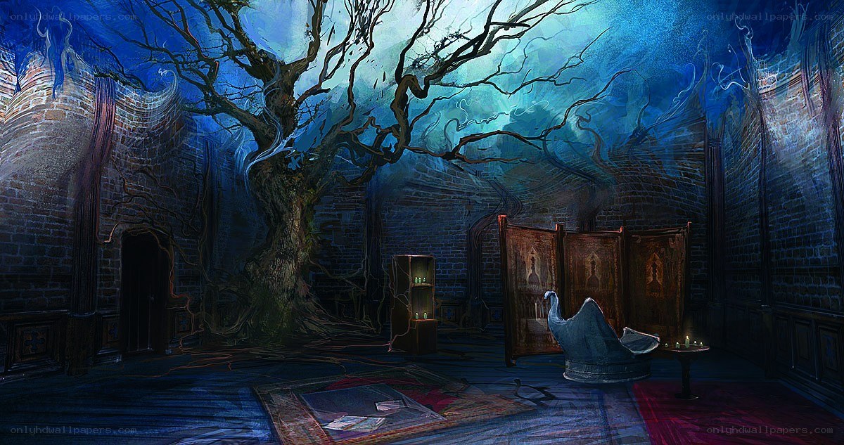 Dark room with a tree