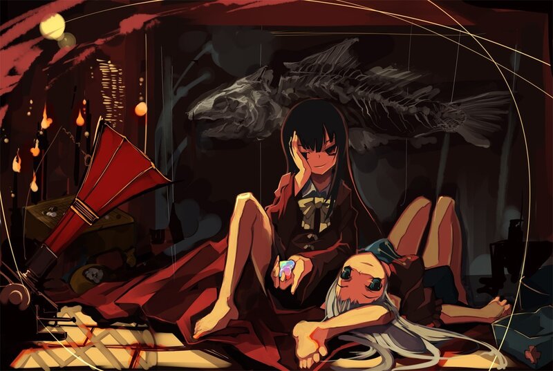Dark room with anime characters
