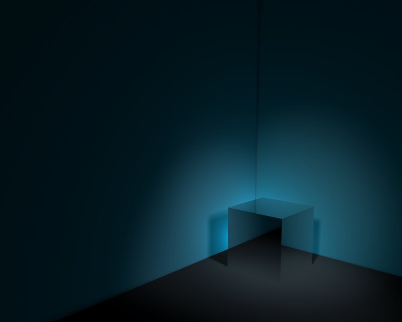 dark room with blue cube