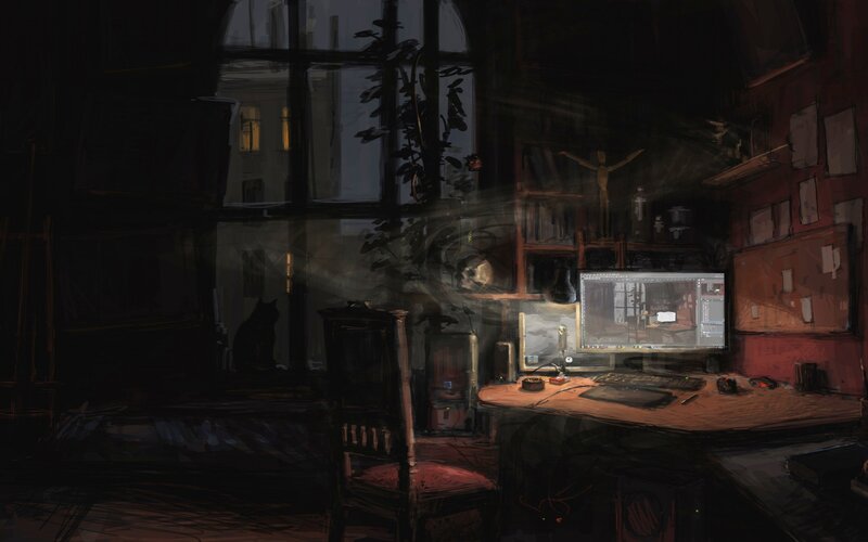 Dark Room with Computer