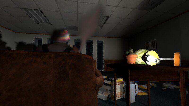 dark room with couch and table