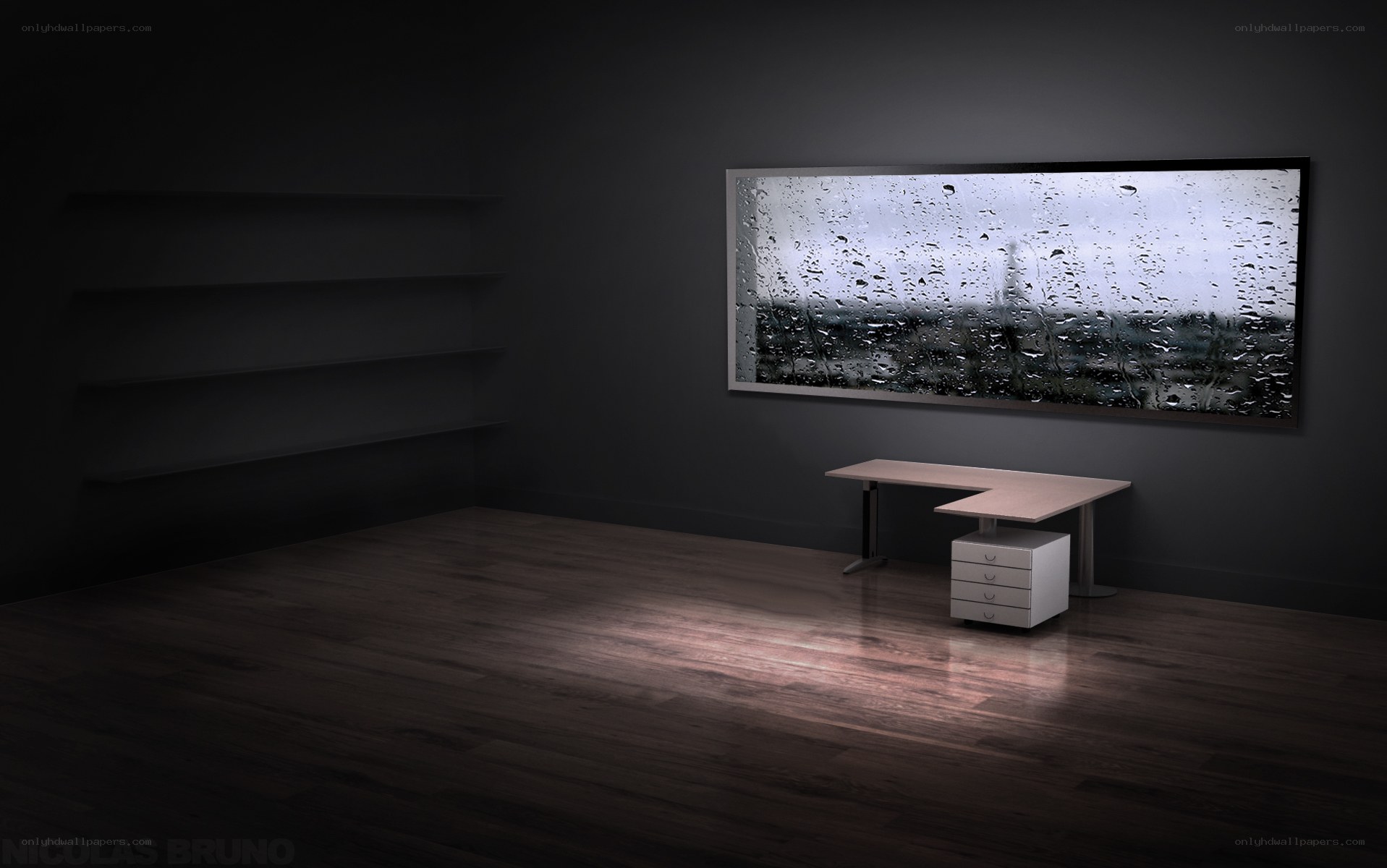 dark room with desk and window
