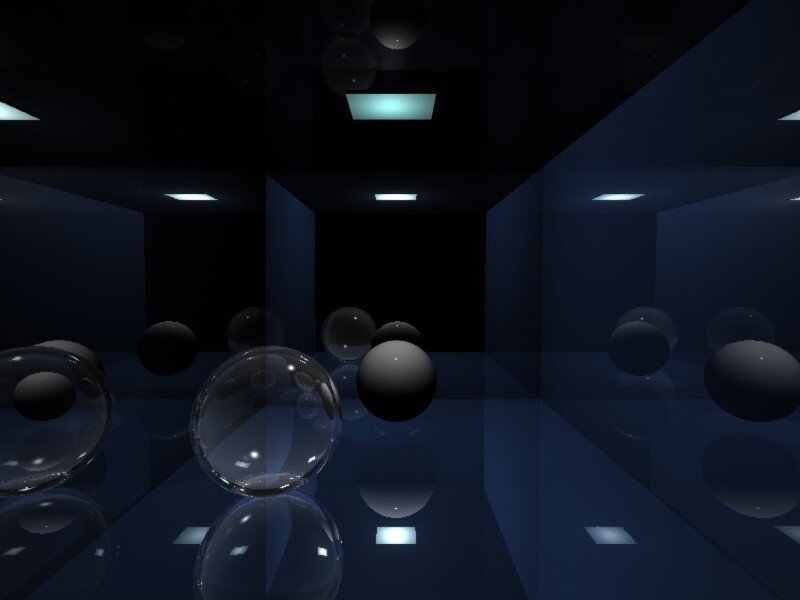 dark room with floating spheres
