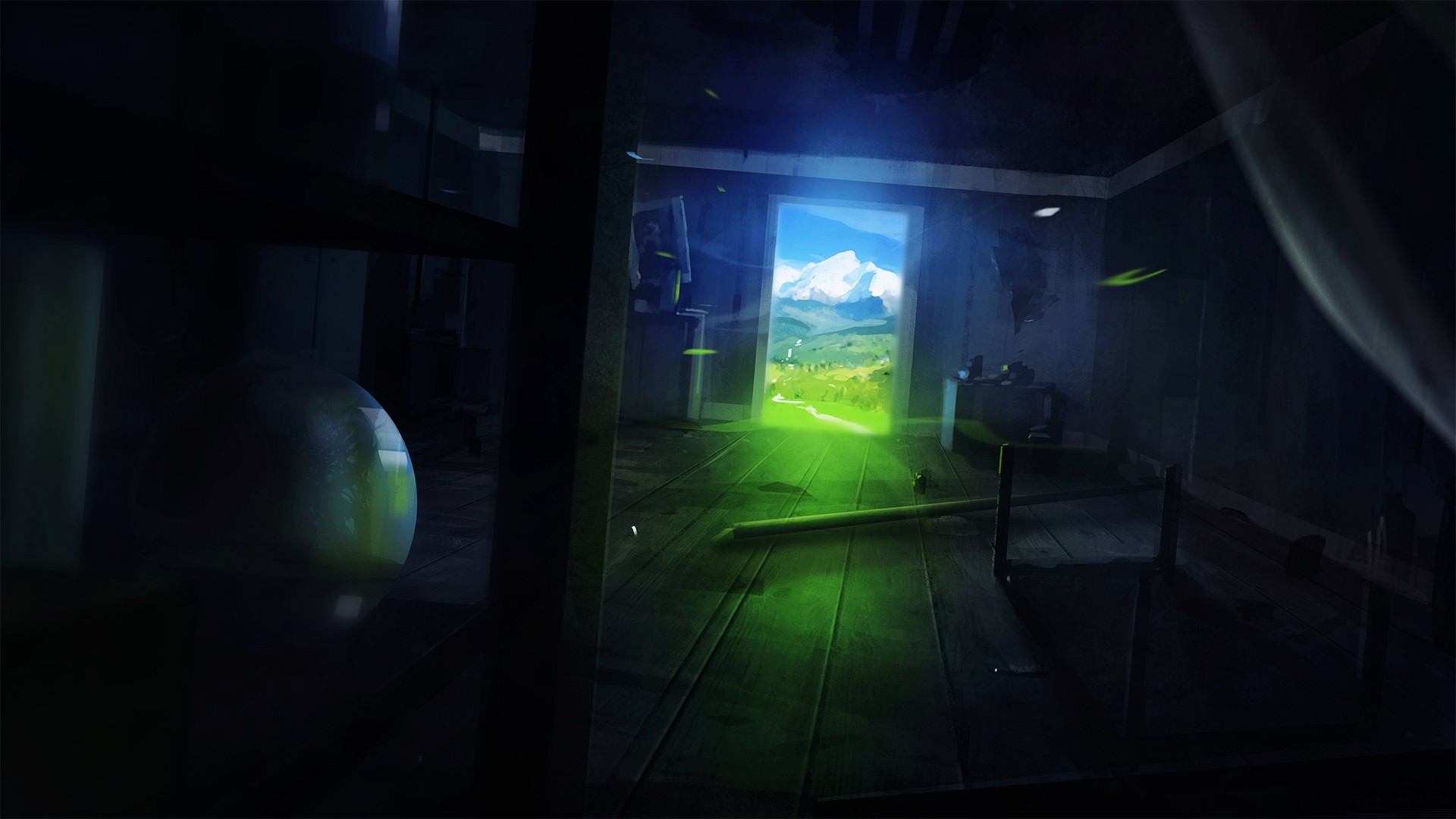 dark room with glowing exit