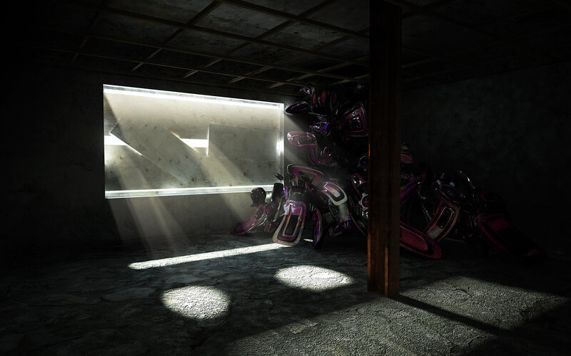 Dark room with glowing objects