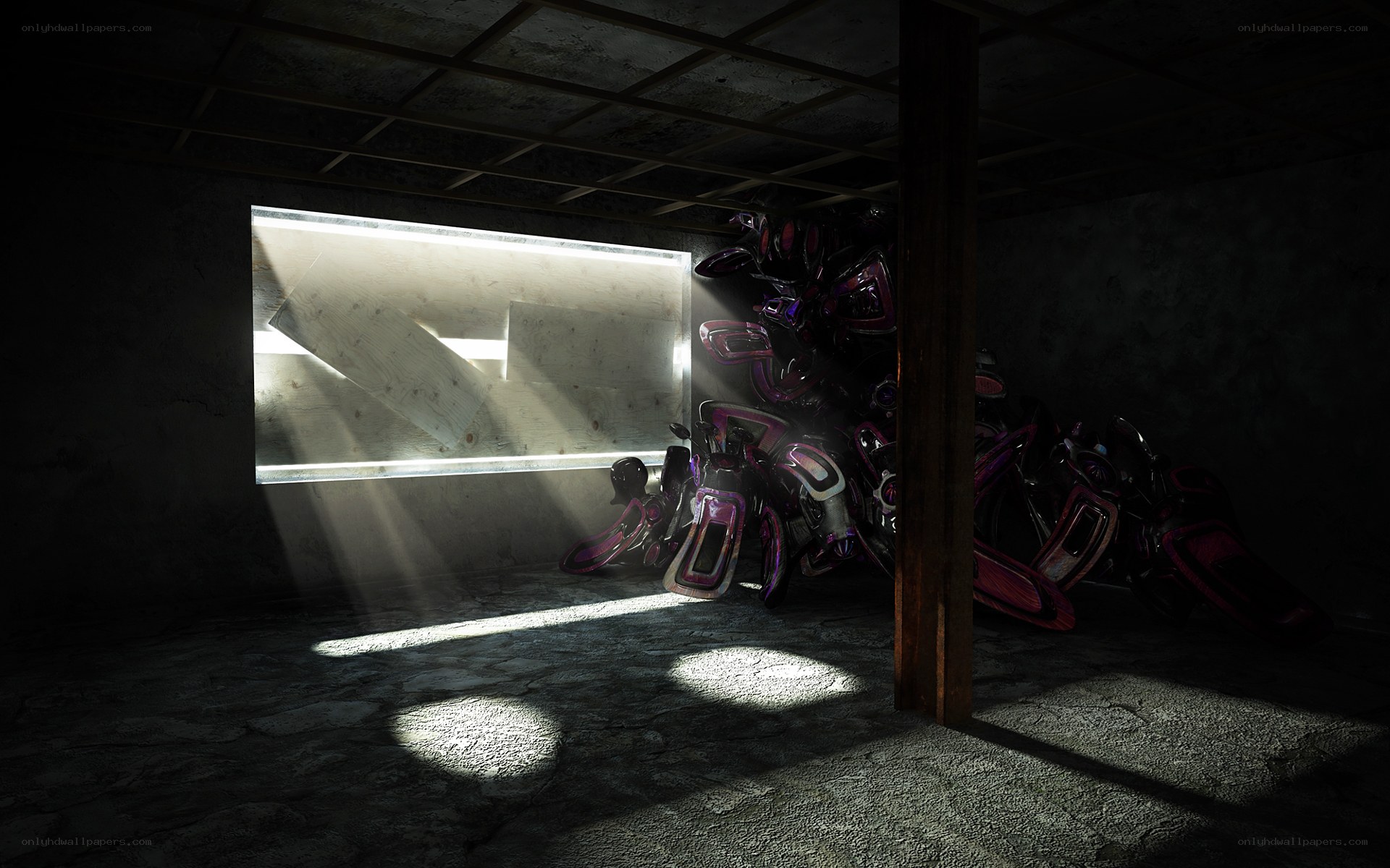 Dark room with glowing objects