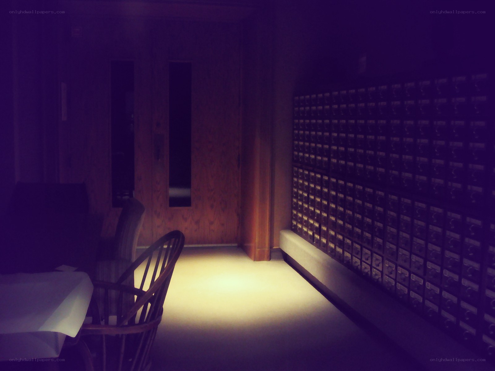 dark room with mailboxes
